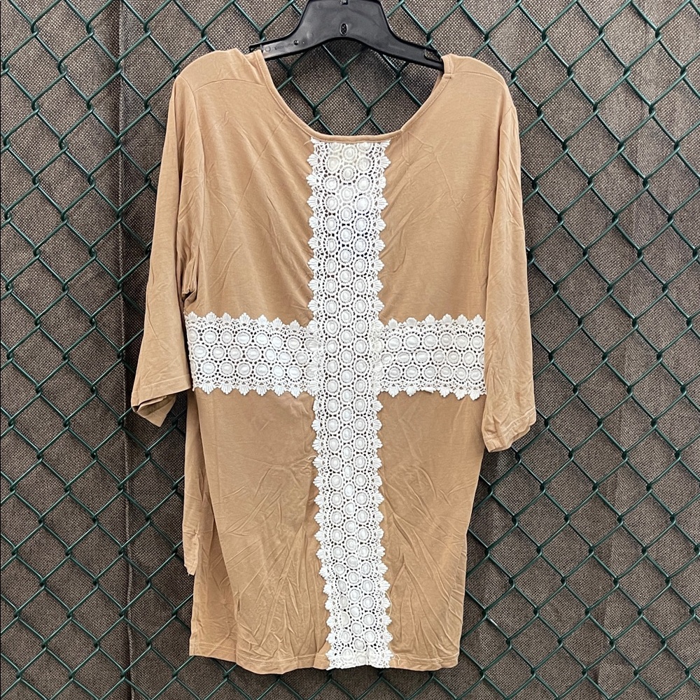 $10 Clearance Sale New Crochet Lace Cross Detail Women's Top Hi-Low Tan Shirt